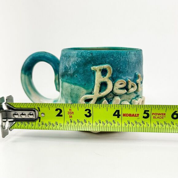 Handmade Pottery “Best Mom” Mug Teal Blue Green Glaze Drip Artisan Coffee Cup - Picture 7 of 7